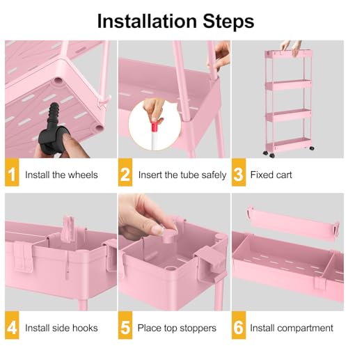 SPACELEAD Slim Storage Cart 4 Tier,Bathroom Organizer Rolling Utility,Mobile Shelving Unit Slide Out for Office, Kitchen, Laundry Room & Narrow Places,Pink - color: Pink