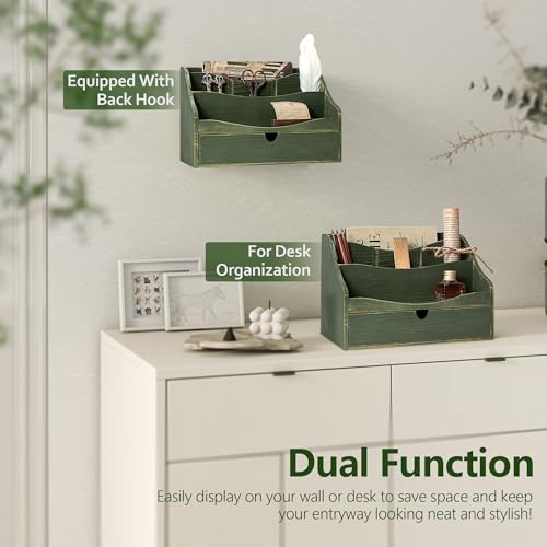 Rebee Vision Pine Wood Mail Organizer for Desk - Charming Farmhouse Mail Holder Organization with Drawer & Dividers - 4-Slot for File & Jewelry Sorter, Mail Organizer Countertop for Home Decor(Green) - color: B-Green