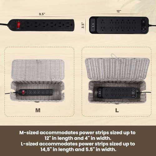 BROWNLILY Cable Management Box, Rattan Style Cord Organizer for Desk Cord Hider Outlet Covers Baby Proofing for Power Strip TV PC Router Charger Under Desk Storage with Lockable Lid and Cable Ties - color: Gray, size: Set (L+M)