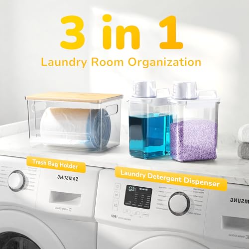 Trash Bag Dispenser Holder, 3-in-1 Laundry Detergent Dispenser Under Sink Organizer Box & Bamboo Lid, Clear Laundry Room Organization and Storage, Kitchen Garbage Bags Storage Container - color: 3-in-1