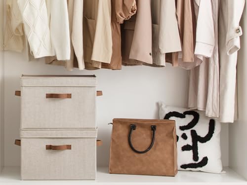 StorageWorks Fabric Storage Bins with Lid, Decorative Storage Boxes for Shelves, Stackable Closet Organizer Basket with Handles, Large, Brown and Beige, 2-Pack - color: Brown and Beige, size: Large