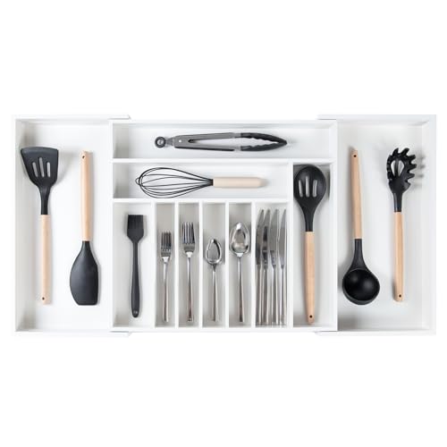 KitchenEdge Premium Silverware, Flatware and Utensil Organizer for Kitchen Drawers, Food-Safe Contract Grade, Expandable from 18 to 33 In, White Bamboo - color: White Bamboo, size: From 18" to 33" wide