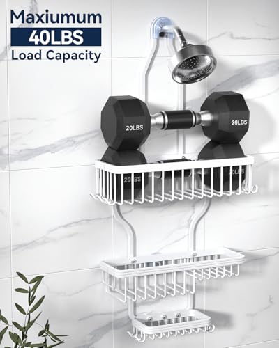 YASONIC Never-Rust Aluminum Hanging Shower Caddy – Over-the-Showerhead Organizer with 10 Hooks for Razor and Sponge – Includes Soap Basket – White - color: White