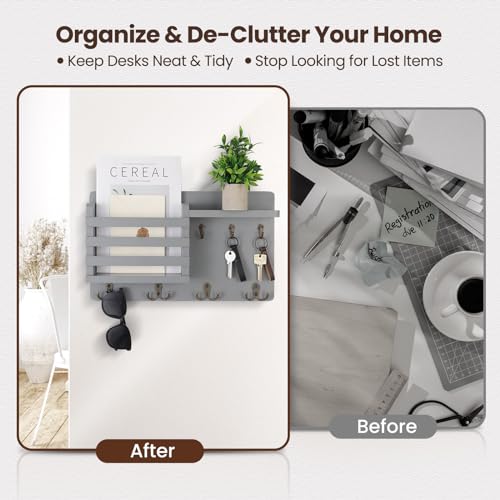 Nekon Mail Holder for Wall Mail Organizer with Key Hooks Hallway Farmhouse Decor Storage Racks with Floating Shelf and Flush Mount Hardware (16.8Inch x 10Inch x 3.2Inch) (Gray) - color: Gray