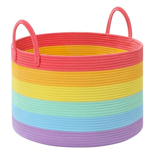 Rainbow Toy Basket, 20"x13" Extra Large Kids Toy Storage for Playroom Classroom Nursery, Woven Rope Blanket Basket with Handles, Stuffed Animal Organizer & Dog Toys Basket - color: Rainbow - Wide