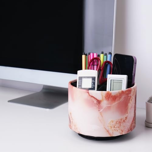Round Leather Art Supply Organizer,Remote Control Holder,360-degree Rotating Pen Organizer with 4 Compartments(1-Marble Pink) - color: 1-Marble Pink