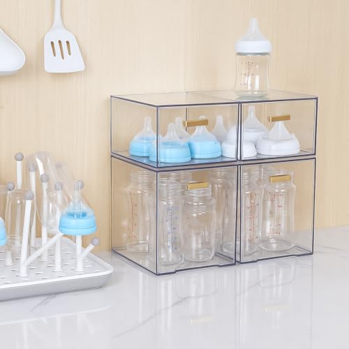 LALOBLUE Clear Stackable Drawer Organizer, 4 Pack Acrylic Storage Drawers with Pull-Out Design, Space-Saving Organizer for Bathroom, Vanity, Kitchen & Office - style: 2 small and 2 big