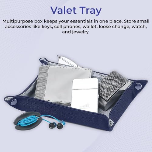 Valet Tray for Men and Women, EDC Catchall Organizer for Jewelry Phone Coins Wallet Keys, Catch All Tray for Bedside Entryway Desk, Dump Station Box, Folds Flat - color: Navy