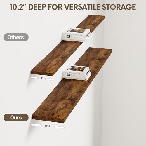 Vivelove 10 Inch Deep Floating Shelves 55 inch Long, 55 x 10 Wide Wall Shelves with Invisible Brackets, for Bedroom Bathroom Living Room Kitchen Office, Farmhouse Home Decor, Set of 2, Rustic Brown - color: Rustic Brown, size: 55”Wx10.2”Dx1.5”H