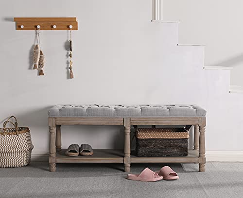 chairus Shoe Rack Bench Storage Vintage Bedroom Padded Bench Seat End of Bed, Fabric Tufted Farmhouse French Entryway Bench with Wood Legs for Hallway Foyer, Gray - color: Grey, size: 45.5 Inches Seat