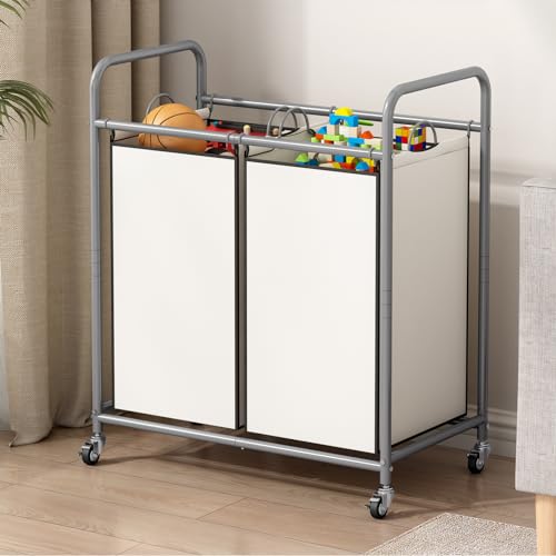 SUOERNUO Laundry Hamper Basket 2 Bag Laundry Sorter Cart with Rolling Removable Bags Laundry Organizer Cart for Clothes Storage, Beige (2 Bags, Beige) - color: Beige, size: 2 Bags