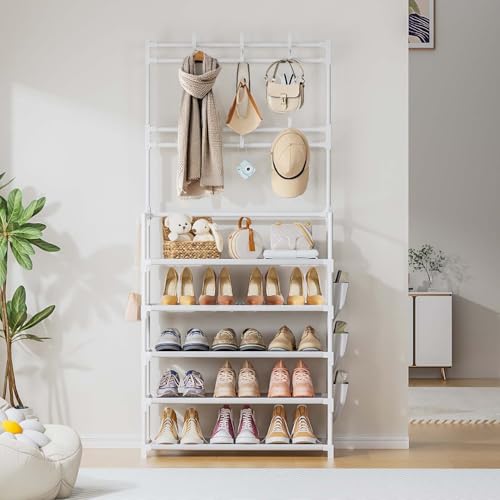 OYREL Shoe Rack 5 Tier Shoe Organizer Storage 15-20 Pairs Shoes Rack for Closet Entrance Shoe Rack Organizer with Hooks and Side Pocket Entryway Shoe Holder Space Saving Free Standing Shoe Racks - color: White, size: 5 Tier (23.6"Wx 61.4"H)