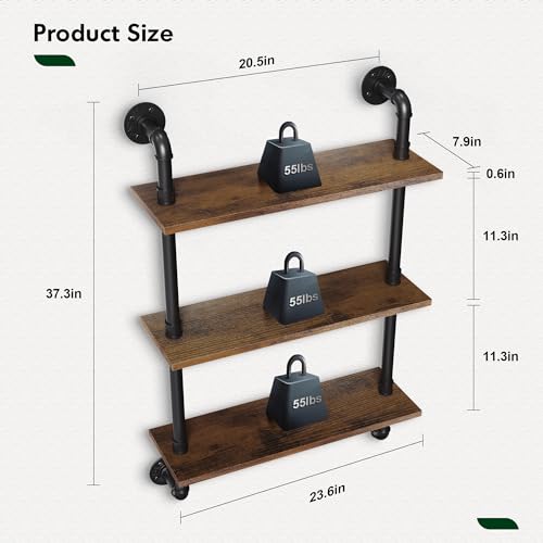 Merapi 24" Industrial Floating Shelves, Pipe Shelves for Wall, 3 Tier Rustic Wood Wall Shelves for Home Décor, Bedroom, Living Room, Bathroom… - style: 3 Tier