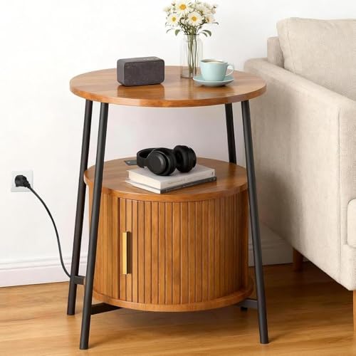 Round End Tables with Drawer: Fluted Side Table with Charging Station, Mid-Century Modern Nightstand with Sliding Door for Small Space Storage, Living Room, Bedroom - color: Honey Walnut, size: 1 PACK