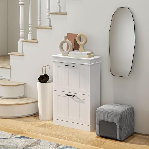 HOMCOM Narrow Shoe Cabinet with 2 Flip Drawers, Modern Freestanding Shoe Storage Cabinet with Adjustable Shelves for Entryway, Hallway, White - color: White