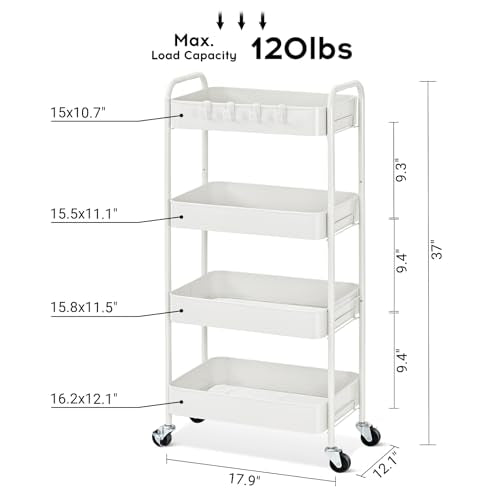 TOOLF 4-Tier Rolling Cart - Metal Storage Organizer with Lockable Wheels, 44 lbs Per Shelf Capacity, Tool-Free Assembly, for Kitchen Bathroom Office Laundry Room Nursery, White - color: White, size: 4-Tier