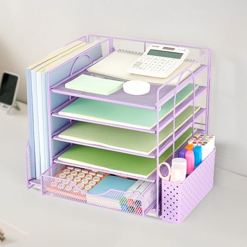 Desk Organizer with Drawer and Pen Holder, 5-Tier Paper Letter Tray Organizer with File Holder, Suitable for Workspace Organizer Office Supplies Storage (Purple) - color: Purple