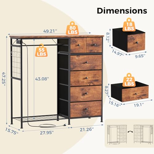 DUMOS Dresser for Bedroom with Hanging Rack, 6 Drawer Fabric Dresser with Charging Station and LED Lights, Closet Organizer & Storage Tower for Living Room, Entryway, Apartment, Rustic Brown - color: Brown, size: 15.8"D x 47.2"W x 49.2"H (6 Drawers)