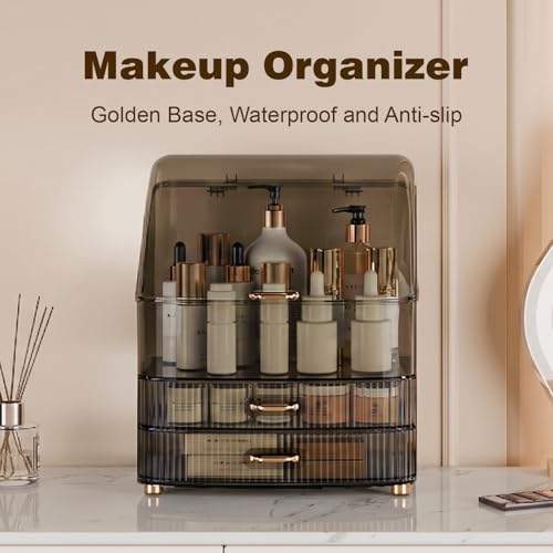 Makeup Organizer Countertop Vanity with Transparent Lid Drawers Waterproof Dustproof Cosmetic Skincare Bathroom Storage Gift for Women Teens Girls (Clear Black) - color: Clear Black