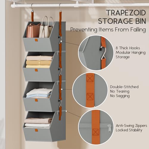 Homsorout Hanging Closet Organizer 4 Tier - Clothes Hanging Shelves, Space-Saving Closet System, Fabric Storage Bins Bedroom Organization, Collapsible Baskets for Home, Dorm, Rv, Grey, 8 Pack - color: Grey, size: 8 shelves
