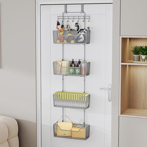 HapiRm Over The Door Organizer - Hanging Door Organizer with 4 Metal Large Capacity Baskets and Adjustable Coat Hook for Bathroom Bedroom Kitchen Pantry Closet Cabinet - color: Grey