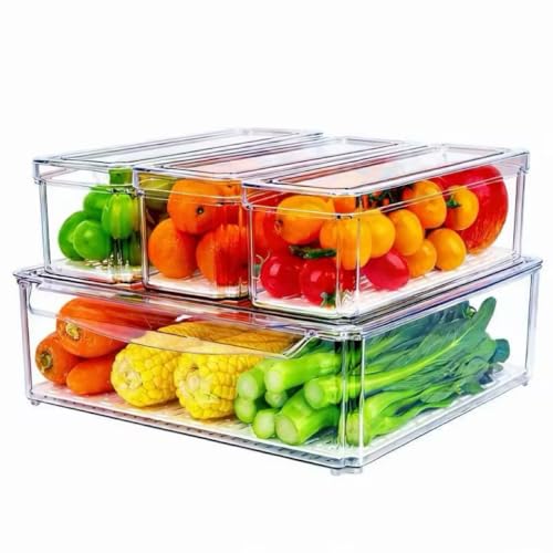 ZIJUND 4 Pack Fridge Organizer, Stackable Refrigerator Organizer Bins with Lids, BPA-Free Fridge Organizers and Storage Containers for Fruit, Vegetable, Food, Drinks, Cereals, Clear - size: 4 Bins（Have a XXXL size bin）