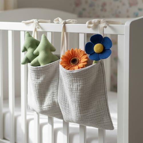 Cotton Baby Hanging Bedside Storage Bag Organizer with 2 Pockets, Baby Crib Accessories for Cribs, Toys, Diapers (Light Gray)