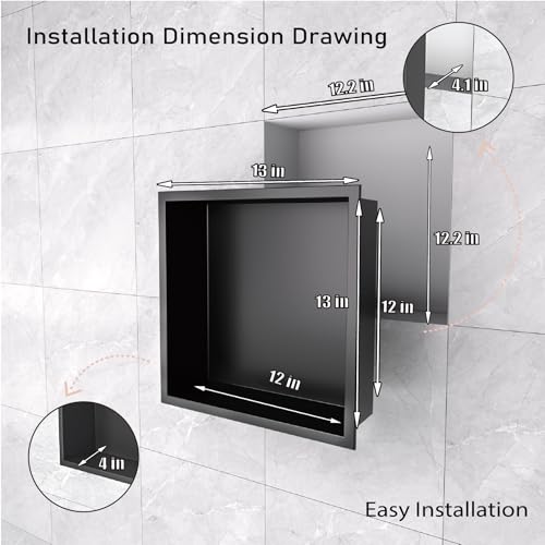 12x12 Matte Black Shower Niche - Stainless Steel Tile-Ready Bathroom Storage for Small Showers - color: Black, size: 12 * 12 in