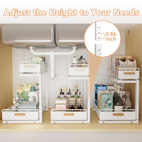 2 Pack Under Sink Organizer with Ball Bearing Sliding Drawer, Heavy Duty Pull Out Cabinet Organizer, 2 Tier Adjustable Storage Rack for Kitchen Bathroom, Space Saving Design, White - color: White, size: 2 Pack Double Layer