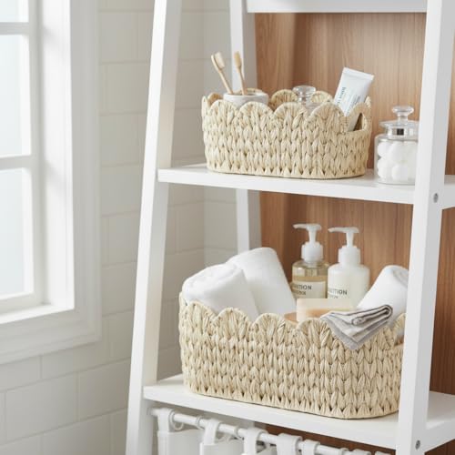 Coeusy Wicker Scalloped Basket Set of 2,Woven Storage Baskets for Shelves,Closet,Laundry,Gifts,Towels,Books,Toys,Waterproof Boho Decor Basket for Organizing - color: Beige