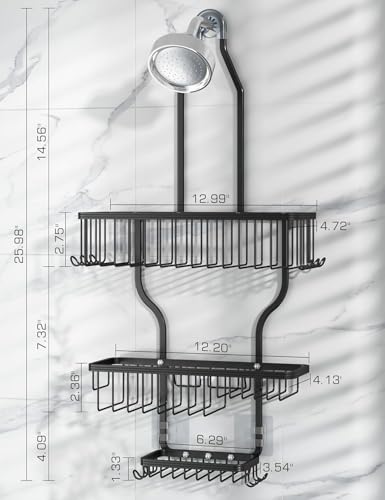 YASONIC Never-Rust Aluminum Hanging Shower Caddy – Over-the-Showerhead Organizer with 10 Hooks for Razor and Sponge – Includes Soap Basket – Black - color: Black
