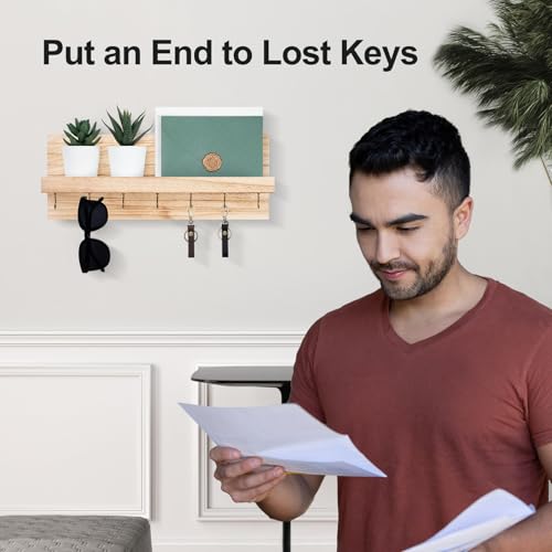 Lwenki Decorative Key Holder for Wall with Shelf, Entryway Shelf with Hooks Holds Leashes, Jackets and Glasses – Sturdy Wood Keyholder Entrance Hanger with Mounting Hardware (Wood, Large) - color: Wood, size: Large