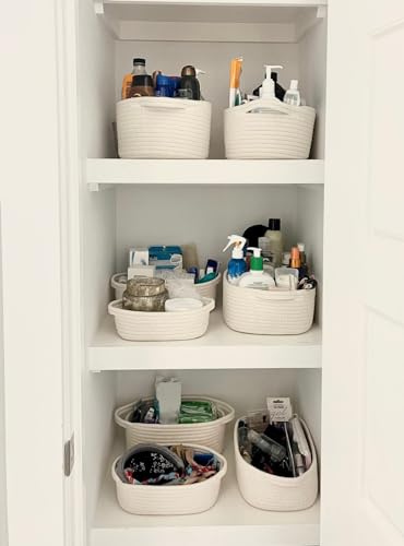 CubesLand Small Woven Rope Toys Basket for Organizing Set 5, Shelves Closet Storage Bins, Empty Gift Baby Shower Basket Also Perfect for Toilet Paper Storage, Organizer Bins Off White - color: White
