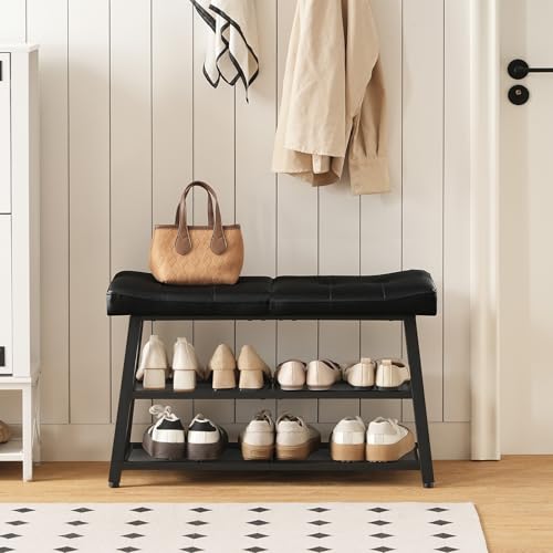 YATINEY Shoe Bench, 3-Tier Shoe Rack, Entryway Bench with Storage and Cushion, for Hallway, Foyer, Bedroom, Black HX02BB - color: Black