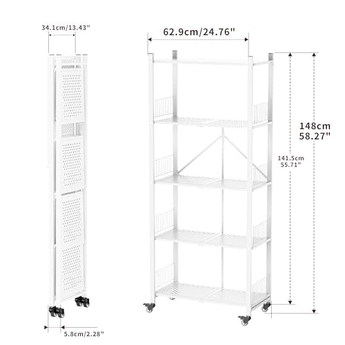 Folding Shelves No Assembly, 5 Tier Heavy Duty Foldable Storage Shelves with Wheels, 220LBS Per Shelf Metal Collapsible Rack for Garage Pantry, White - color: White/5-tier