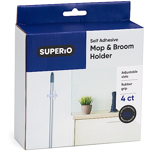 Superio Mop and Broom Holder, Set of 4 Single Piece Hooks, White Plastic Wall Mount Cleaning Storage Tool Organizer, Heavy-Duty Hook for Kitchen, Closet Garage, and Office - size: 4