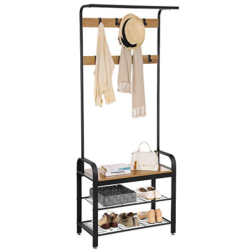 VASAGLE Coat Rack, Hall Tree with Shoe Bench for Entryway, Entryway Bench with Coat Rack, 4-in-1, with 9 Removable Hooks, a Hanging Rod, 13.3 x 28.3 x 72.1 Inches, Honey Brown and Black UHSR040B05 - color: Honey Brown + Black, size: 28.3"W