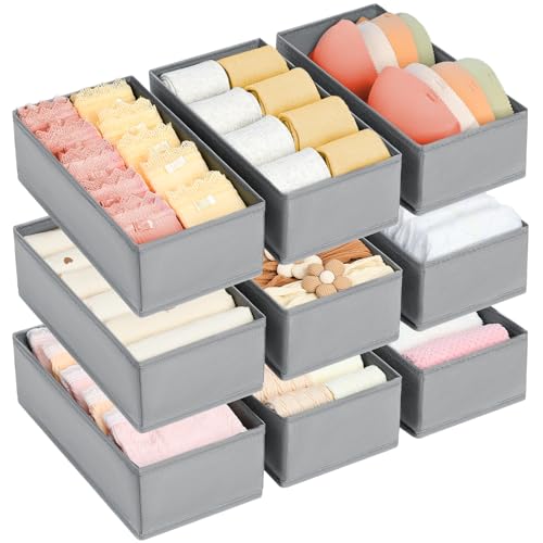 DIMJ Drawer Organizer Clothes - Underwear Organizer Small Sock Organizer Closet Organizers and Storage Box Dresser Drawer Dividers for Baby Clothes,Bra,Socks, Belt, Tie, Set of 9,Grey - color: Grey, size: Set of 9