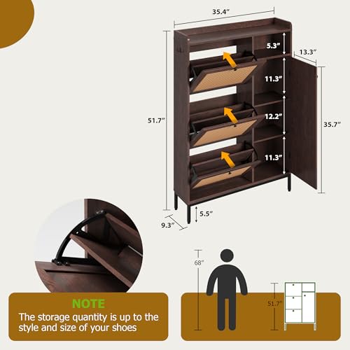 GarveeHome Shoe Cabinet Rattan with 3 Flip Drawers and 4-Tier Shoe Storage Cabinet, Freestanding Shoe Organizer with Adjustable Shelves for Entryway, Closet, Hallway - color: Deep Cherry, size: 3-Drawers + 1-Door