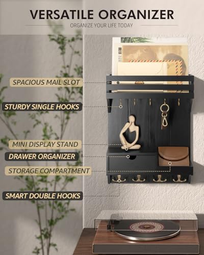 Rebee Vision Modern Key Holder Wall Mount with Mini Drawer Organizer - Decorative Mail Organizer with 9 Key Hooks and Floating Shelf - Stylish Home Decor for Apartment Essentials (Black) - color: Black, style: Small Drawer