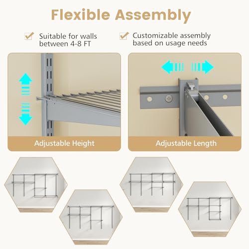 Giantex Closet Organizer System, 4-8 FT Wall-Mounted Closet Shelves and Rod, Adjustable Closet Organization w/ Hanging Rod, DIY Expandable Modular Metal Wire Shelving for Laundry Bedroom (Grey) - color: Gray, size: 96"x14"x47.5"