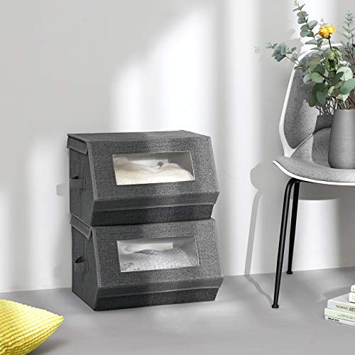 SONGMICS Stackable Storage Bins Set of 2, Storage Boxes with Lids and Front Windows, Non-Woven Fabric Closet Organizers with Magnetic Closures, Side Handles, Dark Gray URPLB02G - color: Dark Gray