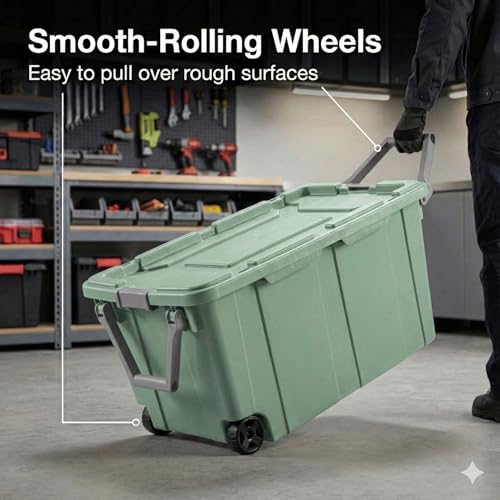 40 Gallon Wheeled Storage Tote with Lid – Heavy Duty Rolling Storage Bin with Ergonomic Handle & Secure Latches – Large Plastic Stackable Container for Garage Basement Workshop (Green) - size: Green