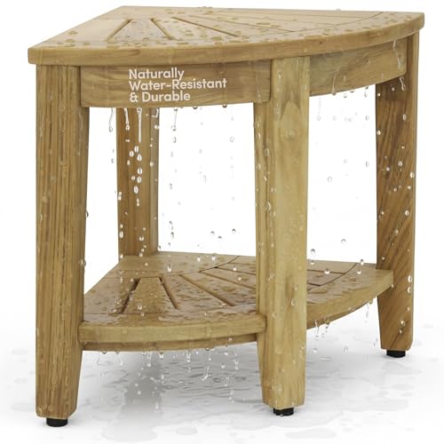 AquaTeak 15.5" Kai-Raw Corner Teak Shower Bench - Shower Stool with Storage Shelf for Bathroom - Durable Water Resistant Shower Chair - Shaving Foot Rest - Indoor & Outdoor Use - size: Raw, style: Corner Stool With Shelf