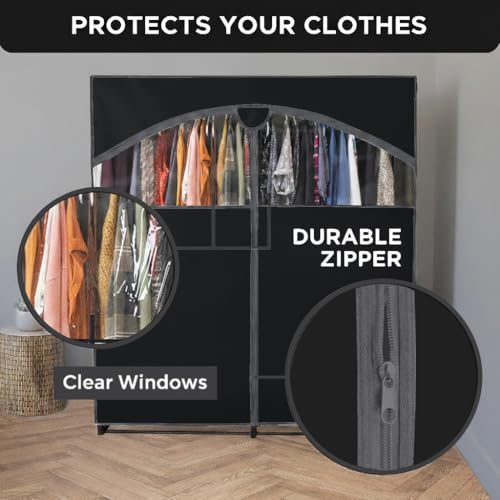 HOLDN’ STORAGE Portable Wardrobe Closet - 65 lb Large Capacity, Internal Heavy Duty Metal Rod, Zipper & Clear Window, Durable Clothes Organizer, Tool-Free Easy Assembly, Black Canvas Cover - color: Black, size: Large