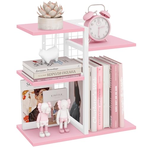 ELITEROO Desktop Bookshelf, Tiered Desk Organizer Shelf, Wooden Tabletop Bookshelf Small Desk Book Shelf, Dresser Top Organization Storage Rack and Desk Decorations for Women Office, Pink - color: Pink