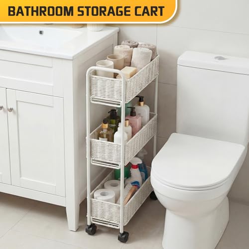 FOCHIER F Utility Slim Storage Cart,3-Tier Rolling Kitchen Office Laundry Room Cart,Mobile Shelving Unit Organizer for Living Room Bathroom Baby Diaper Narrow Places (White, UC-White-7.1inch) - color: White