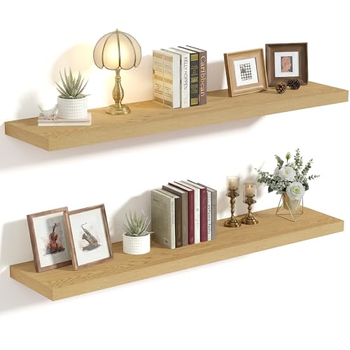 Vivelove 10" Deep Floating Shelves with Invisible Brackets, 36" Wall Shelves for Bathroom Bedroom Kitchen Living Room Laundry Room, Modern Rustic Shelves for Home Decor, 36"x10.2"x1.5", Set of 2, Oak - color: Oak, size: 35.4”Wx10.2”Dx1.5”H