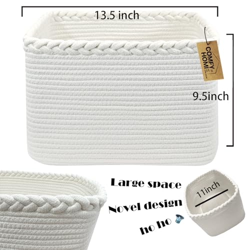 COMFY-HOMI Square Woven Cotton Rope Basket for Organizing, Gift Baskets for Handles, Empty Gift Baskets, Toy Basket for bins|13.5" x 11" x 9.5" home decor for Living Room, Bathroom - color: White, size: 13.5"X11"X9.5"