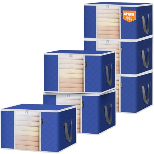 BALEINE 6 Pack Clothes Storage Bags, 24 Gallon Storage Containers with Reinforced Handle, Sturdy Zipper, Closet Organizer for Blanket, Comforter, Pillow, Bedding (Blue, 6 Pack) - color: Blue, size: 6 Pack-24 Gallon